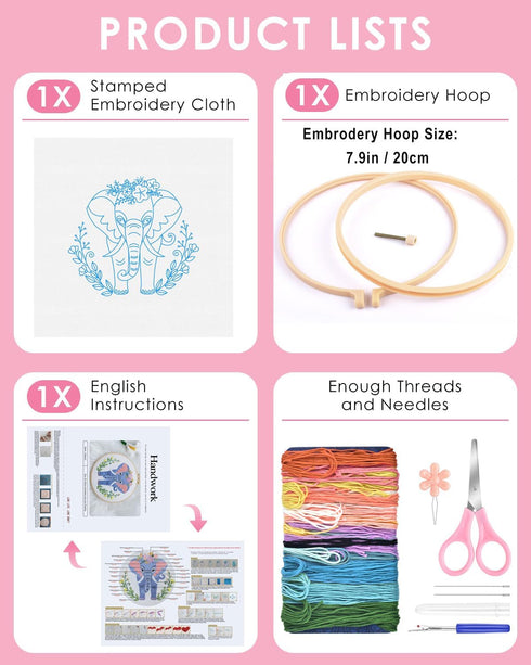 TINDTOP Embroidery Kit for Beginners Adult, Elephant Embroidery Kit for Beginners Include Embroidery Cloth Hoops Threads for Craft Lover Hand Stit...