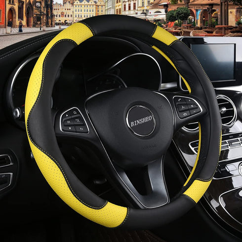 Leather Steering Wheel Cover, Breathable, Anti Slip & Odor Free, Black and Yellow...
