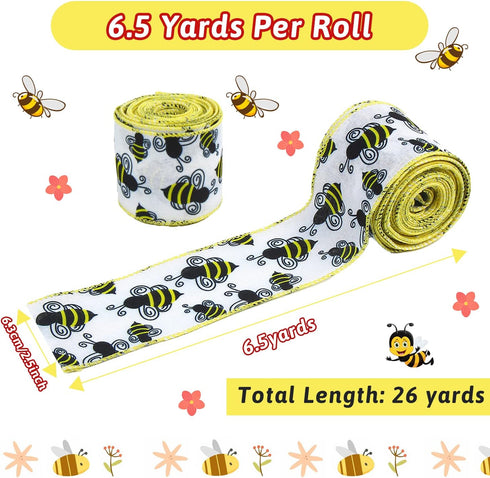 KIMOBER 4 Rolls Bumble Bee Ribbon, Yellow Honeybee Wired Edge Burlap Ribbon for Wreaths,Gift Wrapping,Spring Summer Party Decoration(2.5in × 6.5Ya...
