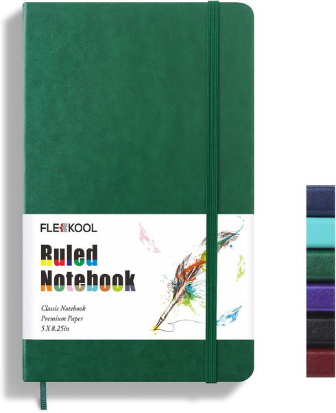 A5 Lined Journal Notebook, Leather College Ruled Notebook with 100gsm Thick Lined Paper, 5 inches x 8.25 inches, Hardcover, Inner Pocket-Dark Gree...