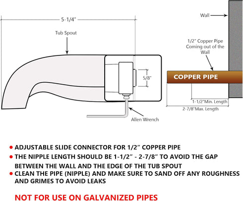 Tub Spout with Adjustable Slide Connector for 1/2 Inch Copper Pipe, Sainless Steel Bathtub Faucet No Diverter, 5-1/4 Inch Length, Easy Connection,...