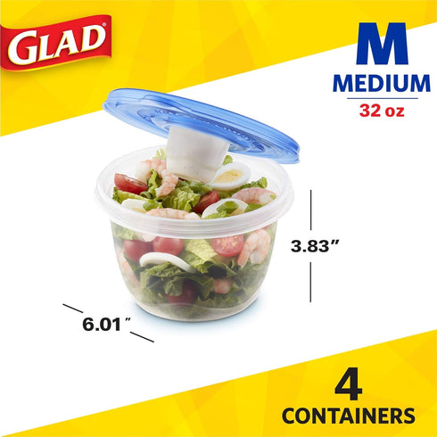Gladware Lockware To Go Food Storage Containers | Glad Medium Size Round Food Storage That Holds up to 32 Ounces of Food, Solids, or Liquids | 32 ...
