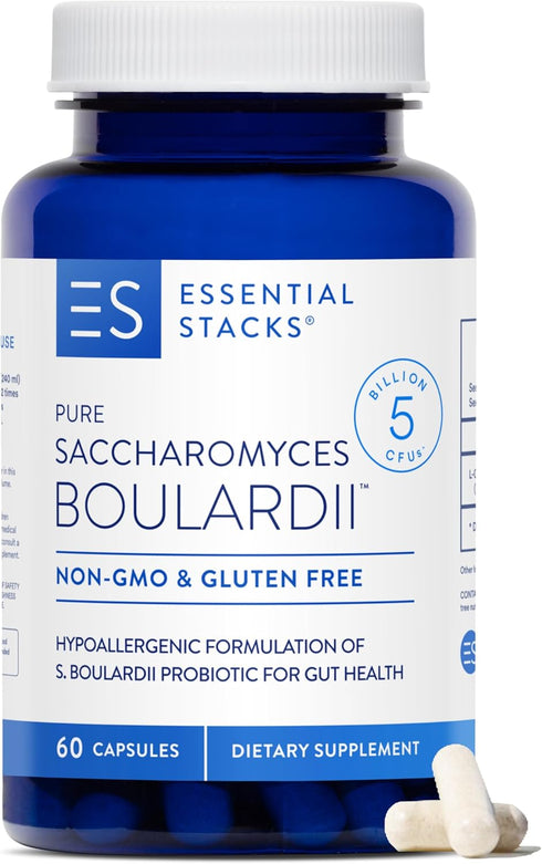 Essential Stacks Saccharomyces Boulardii Probiotics (Non-GMO & Gluten Free) - 5 Billion CFUs for Gut Health (60 Capsules)...