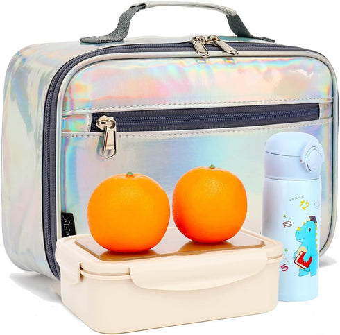 FlowFly Kids Lunch box Insulated Soft Bag Mini Cooler Back to School Thermal Meal Tote Kit for Girls, Boys, Silvery...
