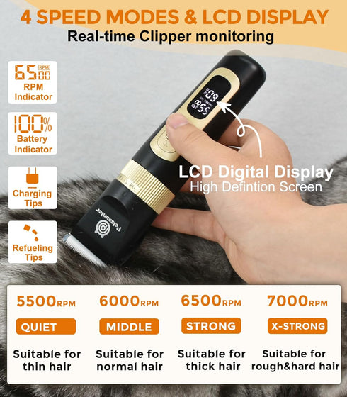 Dog Clippers for Grooming, 4-Speed & LCD, Low Noise Electric Dog Trimmer for Grooming, Cordless Rechargeable Dog Hair Clippers, Super Quiet for Do...