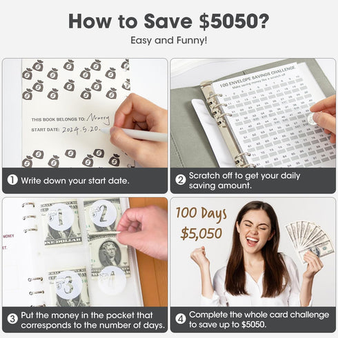 QINGHEJI 100 Envelopes Money Saving Challenge, Savings Challenges Book with Envelopes & Challenge Tracker, Motivational Process to Save $5050, 100...