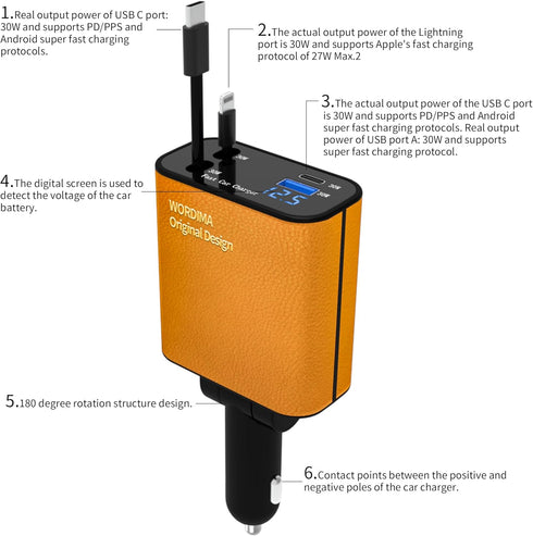Leather Car Charger,Retractable Fast Car Charger,WORDIMA USB C Car Charger 120W Fast Charging Protocol PD/PPS/QC3.0 and More.Compatible with iPhon...