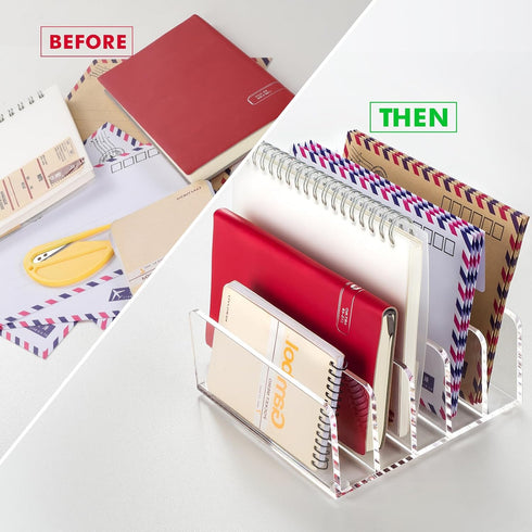 BEYGORM Acrylic Mail Holder, Clear Desk Organizer with Divider, Vertical Letter Sorter for Desktop, 5 Compartments Modern Office Home Envelope Org...