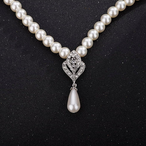 Pearl Bridal Necklace Earrings Set Sliver Rhinestone Necklaces Crystal Bride Choker Necklace Accessories for Women and Girls...