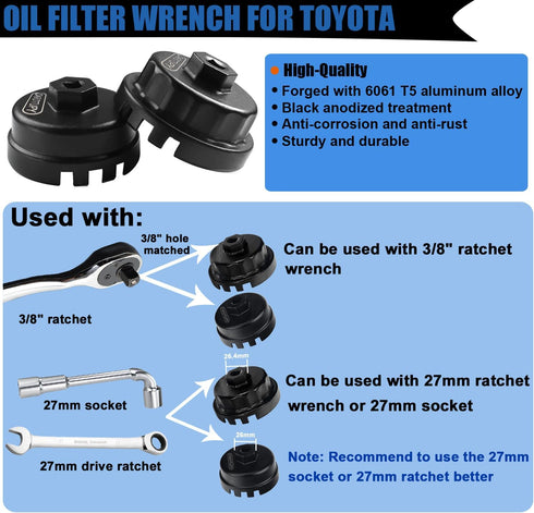 2PCS Oil Filter Wrench Set, Oil Filter Remover Tool 64.5mm 14 Flute Oil Filter Socket Set For Toyota Tacoma 4Runner Camry Tundra RAV4 Lexus ES300h...