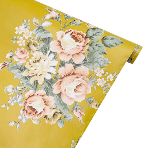 Yifely Vintage Peony Floral Shelving Paper Dark Yellow Peel & Stick Shelf Liner Dresser Drawer Sticker 17.7 Inch by 9.8 Feet...