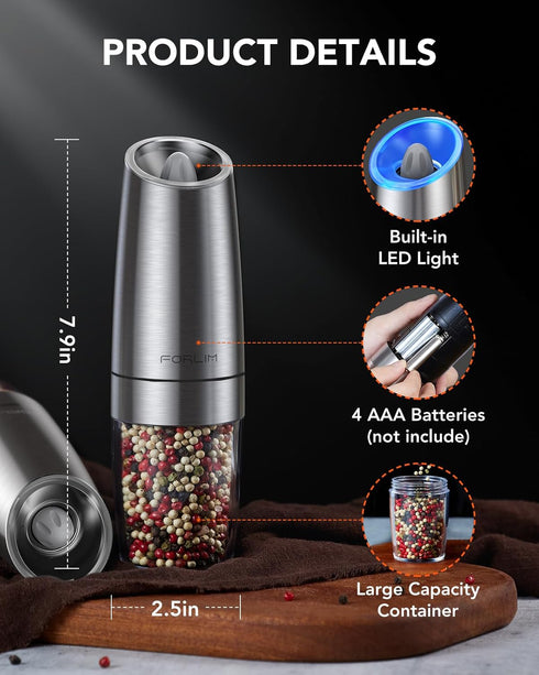Electric Salt and Pepper Grinder Set, Upgraded 4 Batteries, Automatic Pepper Grinder with LED Light, Adjustable Coarseness One Hand Operation, Sta...