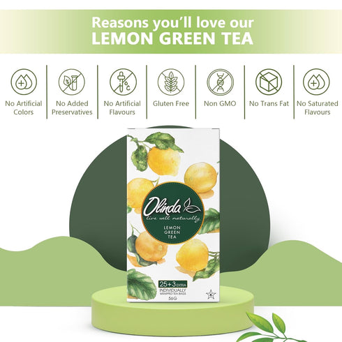 Olinda Green Tea Natural Lemon Flavor Herbal Tea Organic Caffeinated Tea Bags Lemon Green Tea Brew Hot 28 Tea Bags - Pack of 1...