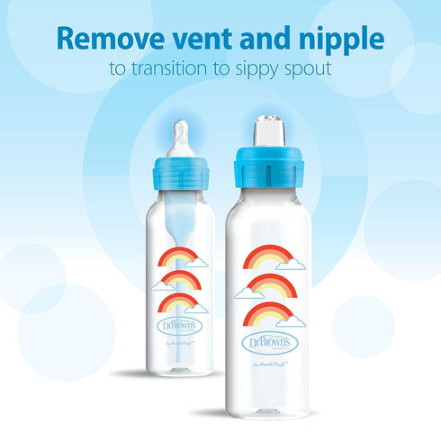Dr. Brown's Anti-Colic Options+ Narrow Sippy Bottle Starter Kit, 8oz/250mL, with Level 3 Medium-Fast Flow Nipple and Soft 100% Silicone Sippy Spou...