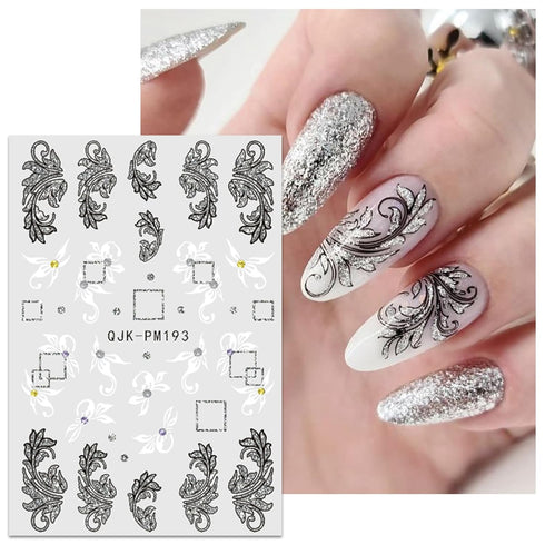 JMEOWIO 10 Sheets Glitter Flower Butterfly Leaves Nail Art Stickers Decals Self-Adhesive Pegatinas Uñas Black White Nail Supplies Nail Art Design ...