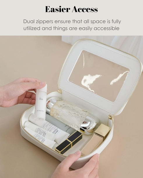 Clear Makeup Case, Durable Saffiano Faux Leather Travel Cosmetic Bag, Toiletry Bag with Visual Window & Dual Zippers, Travel Essentials for Women ...