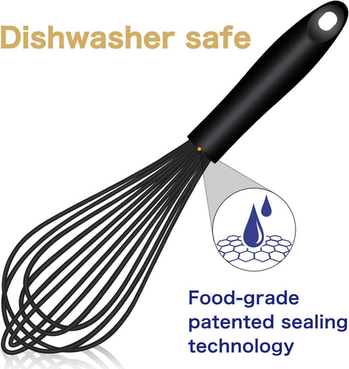 Dishwasher Safe Silicone Whisk, Sealed Waterproof Design Set of 3, Professional Kitchen Whisks for Cooking Non-Scratch, Silicone & Stainless Steel...