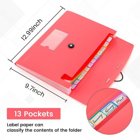 13 Pocket Expanding File Folder Accordian File Organizer, A4 Letter Size Paper Document Receipt Holder for School Office Supplies, Pink...