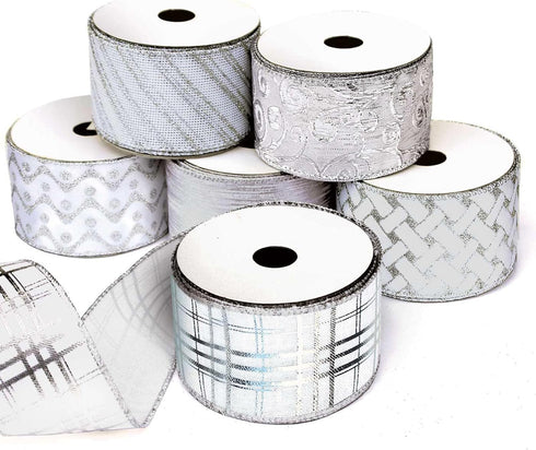 Christmas Ribbon Wired, 6 Rolls 2.5 Inch 36 Yard Silver Sheer Glitter Organza Wired Edge Ribbons for Christmas Tree, Gift Wrapping, Assortment Rib...