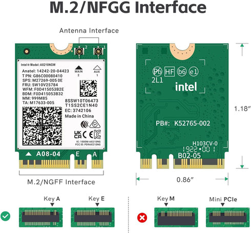 WiFi 6E AX210 NGW Wireless Card M.2 2230/NGFF WiFi 6E Laptop Module with Bluetooth 5.3, 5400Mbps Tri-Band AX210 WiFi Chip Adapter, Ultra-Low Laten...