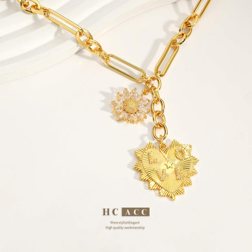 Sun Heart Necklace for Women 18K Gold Plated Heart Pendent Charm Necklace Chunky Chain Choker Necklace Hip Hop Charm Necklace...