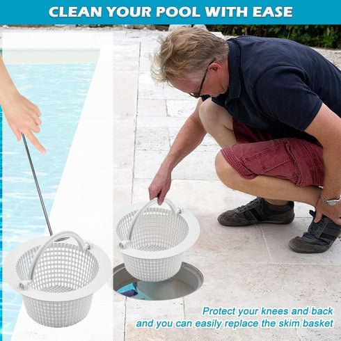 2PCS Skimmer Basket Hook, Swimming Pool Skimmer Basket Handle, Long Stainless Steel Skimmer Lid Lifting Hook with Pool Test Strip Clip Inground Po...