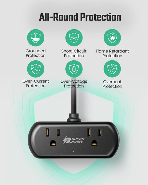 2Ft Extension Cord, SUPERDANNY Mini Surge Protector with 2 Wide-Spaced Outlets, USB Power Strip, 3 USB-A 1 USB-C, Flat Plug, Compact Size Desktop ...