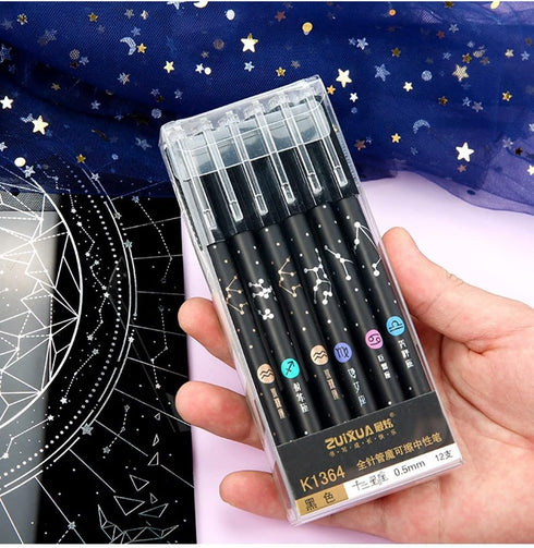 Gel Ink Pens 12PCS Erasable, with Eraser 0.5mm Fine Point Black/Blue 12 Constellations Ink Medium Point Creativity for Journaling Writing Drawing ...
