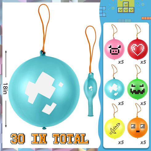 30 Pcs Pixelated Punch Balloons Colorful Latex Punch Ball Miner Video Game Party Favors Bounce Balloons with Rubber Band Handle for Birthday Party...