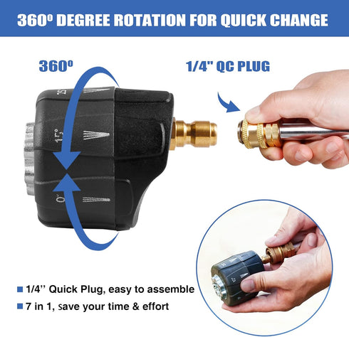 Pressure Washer Nozzle, 7-in-1 Quick Changeover Nozzle, Adjustable Pressure Washer Nozzle with 1/4 Inch Quick Connect, 3200 PSI Spray Nozzle...