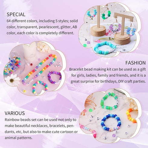 QUEFE 2350pcs, 64 Colors, Pony Beads for Bracelet Making Kit, Rainbow Kandi Beads Friendship Bracelet Kit, Letter Beads and Elastic Strings for Br...