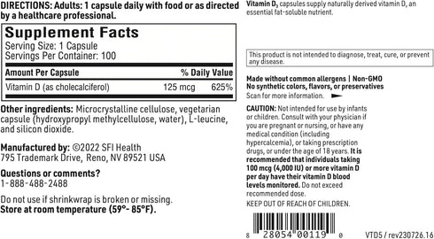 Klaire Labs Vitamin D3 5000 IU - High Potency Vitamin D 125mcg - Immune Support - Helps Promote Bone & Heart Health - Hypoallergenic (100 Capsules...