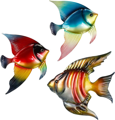 FANWNKI Set of 3 Metal Fish Wall Decor Art Outdoor Indoor Sculpture Hanging for Pool Home Porch Fence Garden...
