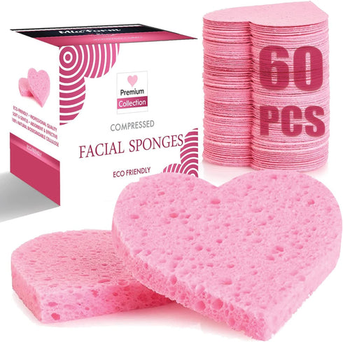 60-Count Compressed Facial Sponges, 100% Natural Cosmetic Spa Sponges for Facial Cleansing, Exfoliating Mask (Pink Heart)...