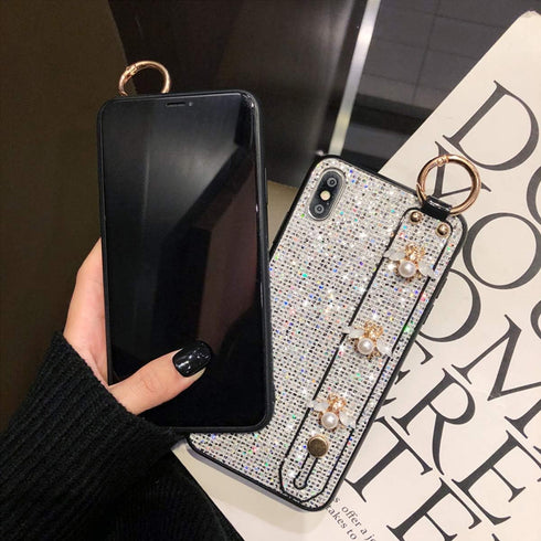 aowner iPhone 13 Pro Max Silver Glitter Bee Case with Stand, Strap & Diamond Wrist Bracket - 6.7 Inch, Shockproof...