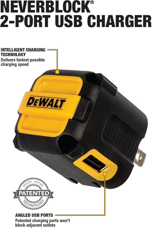DEWALT 2-Port USB Wall Charger — NeverBlock Worksite Charger — Dual 5V/2.1A Power AC Adapter — Fast Charging Block Cube for iPhone 14 13 12 SE 11P...