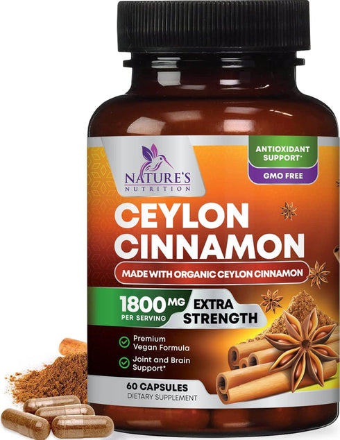 Pure Cinnamon Capsules, Certified Organic Ceylon Cinnamon Pills, Non-GMO, Gluten-Free, Dairy-Free, Sri Lanka Cinnamon Powder Supplement, Best Vega...