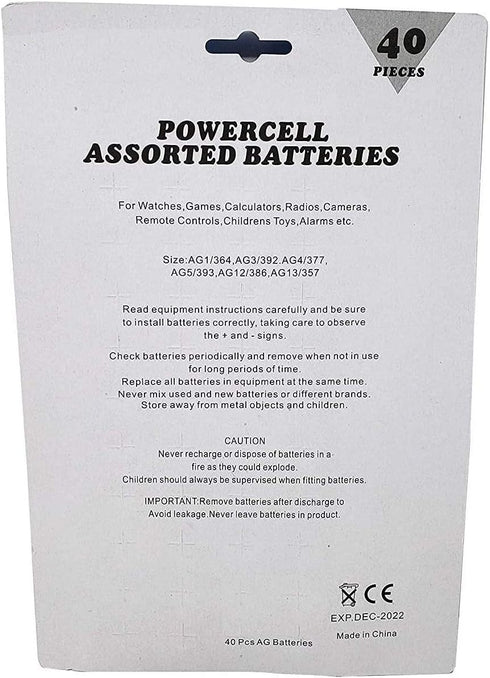 Cotchear 40pcs Alkaline Cell Batteries Assorted 1.5 Volt AG1/LR621 AG3/LR41 AG4/LR626 AG5/LR754 AG12/LR43 AG13/LR44 Coin Batteries Set 0% Mercury...