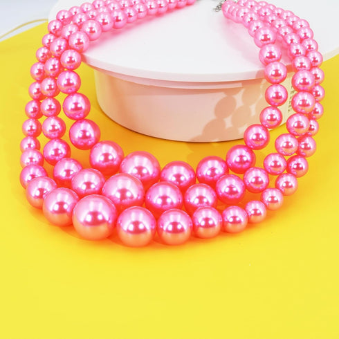 Womens Faux Pearl Costume Jewelry 3 Layers Pearl Chunky Necklace Bracelet and Earrings (Pink)...
