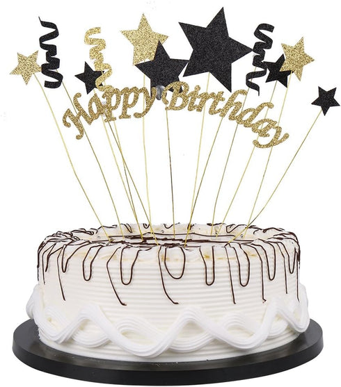 Handmade Black and Glod Glitter Pentacle Pentacle Cake Toppers Happy Birthday Cake Bunting Topper Paper, Birthday Party Decoration...