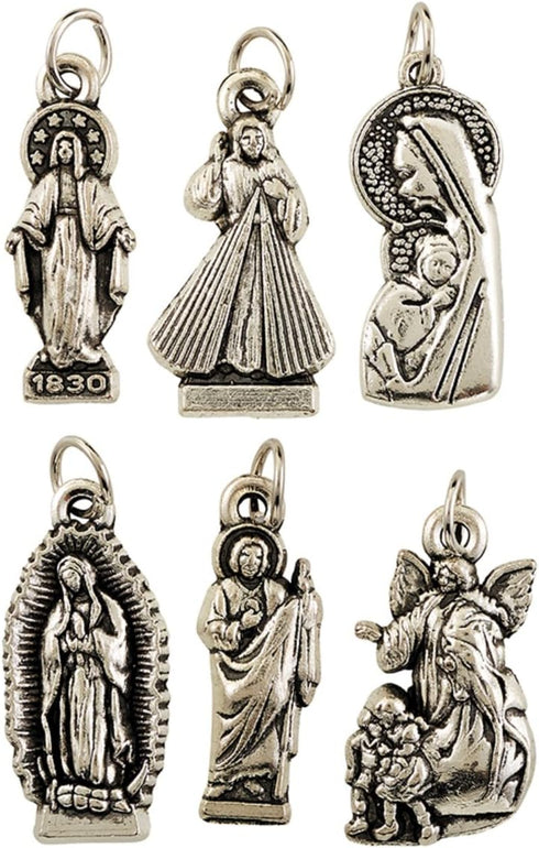Religious Silver Toned Base Assorted Devotional Charm Pendant Medal, 7/8 Inch, Set of 6...
