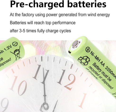 AA Batteries 2200mAh high capacity precharged NI-MH AA Rechargeable Batteries, 1.2V Double A Long Lasting for Toys, Remote controls, Hand held gam...