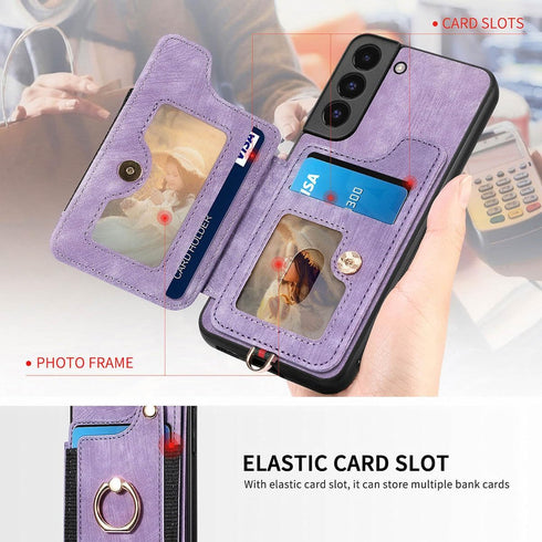 S22 Case,Card Holder Wallet for Samsung Galaxy S22 Case,Ring Holder Stand,RFID-Blocking,Wrist Strap,Camera Protector,Leather Protective Magnetic F...
