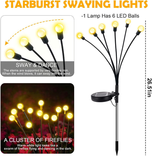 2 Pack Solar Garden Lights, 12 LED Solar Powered Firefly Lights, Starburst Swaying Light Waterproof, Solar Garden Decorative Lights, Outdoor Yard ...