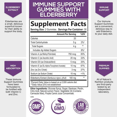 Immune Support Gummies - Powerful Sambucus Elderberry Gummies with Elderberry Extract, Zinc & Vitamin C Gummy, Max Potency Natural Vegan Immune Su...