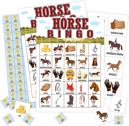 Horse Farm Bingo Cards, 24 Player Pony Party Bingo Game for Family Adult, Cowgirl Cowboy Party Favor, Large Group Party Celebration Activity -05...