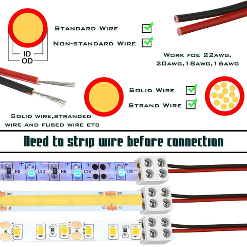 25 Pack Solderless White Led Tape Light Connectors Tighten Screw Terminal Blocks 2 Pin 10mm Connector with Screwdriver Wire to Strip Connector for...