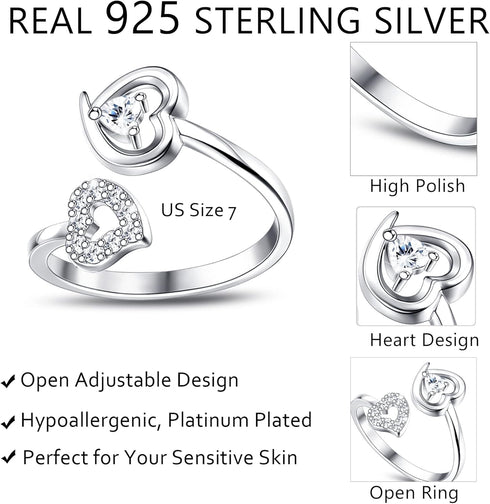 Sllaiss 925 Sterling Silver Heart Ring for Women White Gold Plated Open Adjustable Knuckle Rings Engagement Heart Ring Jewelry Gift For Her...