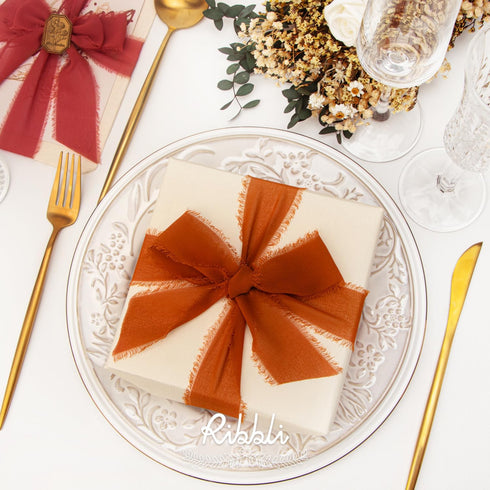 Ribbli Chiffon Ribbon 1.5 inch x 30 Yard Handmade Silk Ribbon,Champagne/Terracotta/Rust Red Fringe Chiffon Fall Ribbon for Wedding Invitations, Br...