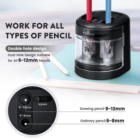 Eagle Electric Pencil Sharpener, Battery or USB Operated, Dual Holes, Dual Blades, fit for Pencils of Size 6-8mm and 9-12mm (Black)...